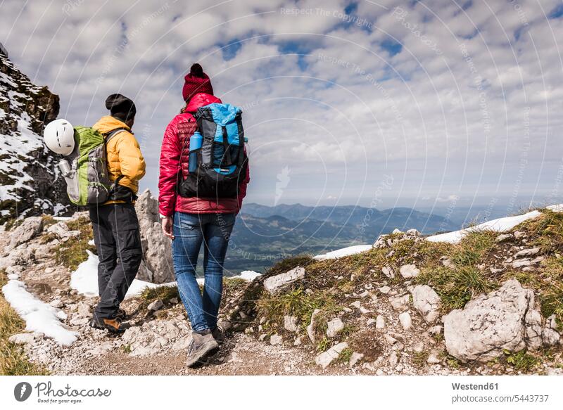 Germany, Bavaria, Oberstdorf, two hikers in alpine scenery couple twosomes partnership couples hiking mountain range mountains mountain ranges people persons