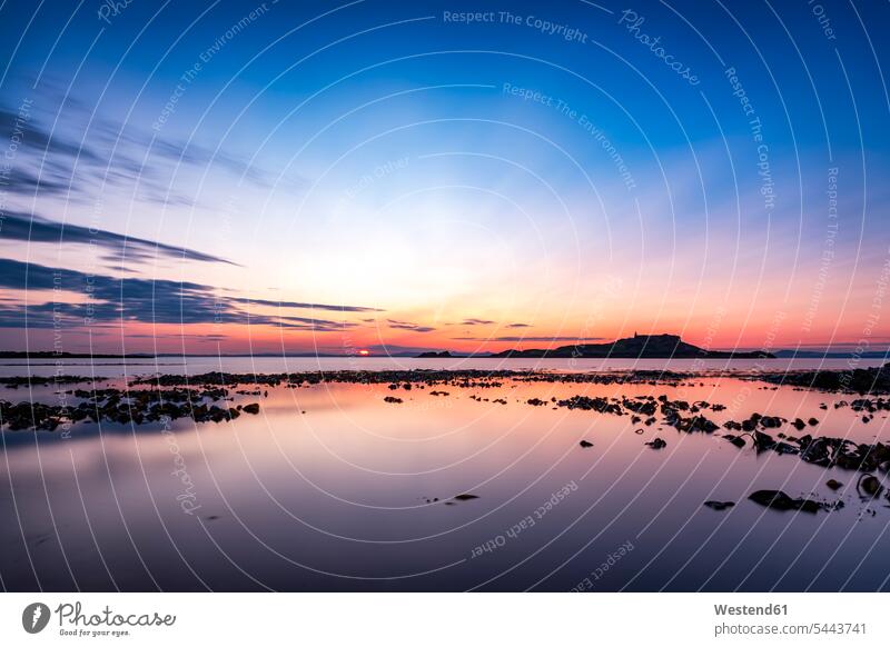 UK, Scotland, East Lothian, North Berwick, Firth of Forth, view of Fidra Island at sunset beauty of nature beauty in nature Blue Hour vastness wide Broad Far