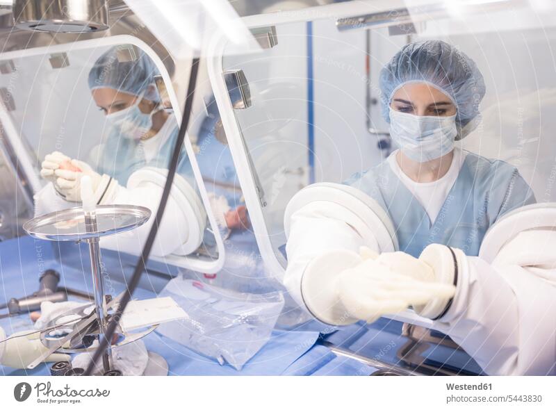 Scientists processing human tissue in insulator laboratory science sciences scientific scientist workplace work place place of work examining checking examine