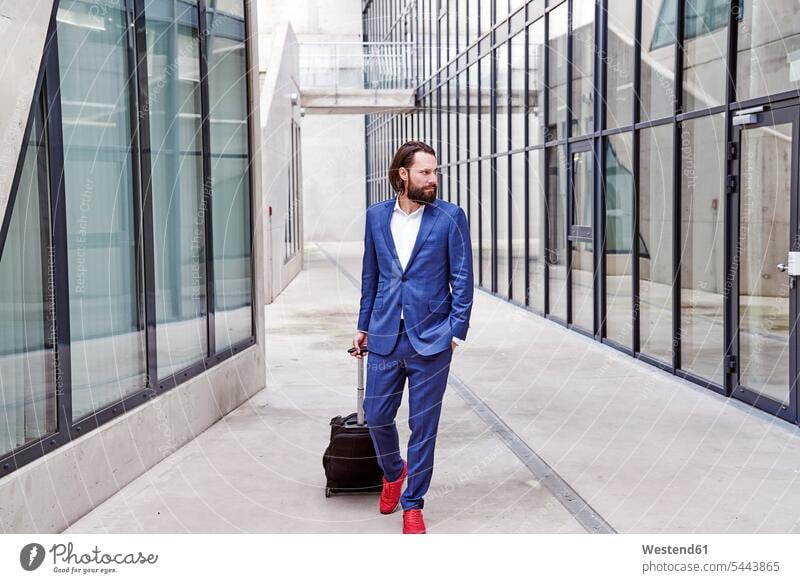 Businessman walking with baggage going Business man Businessmen Business men business people businesspeople business world business life full beard persons