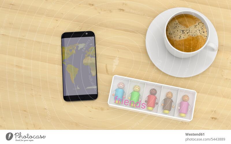 Multi racial manikins on a desk with cup of coffee and smartphone friendship telecommunication telecommunications e-commerce e-business shopping convenience