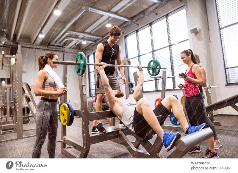 Group of people in gym training weight lifting gyms Health Club sportive sporting sporty athletic fit exercising exercise practising weightlifting