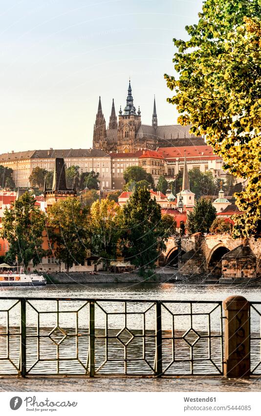Czechia, Prague, view to castle and Charles Bridge with Vltava in the foreground Travel Architecture Incidental people People In The Background