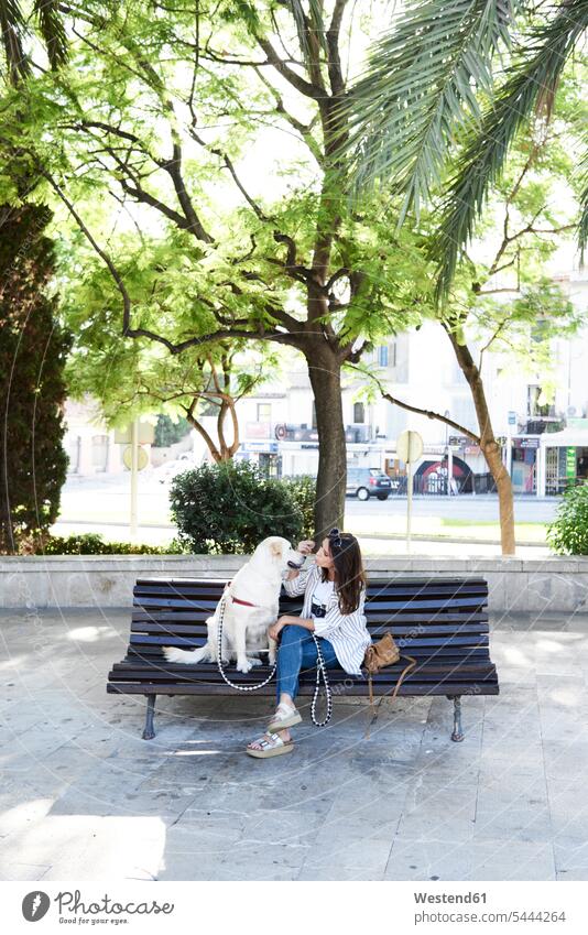 Young woman sitting on bench with her dog in the city dogs Canine females women benches Seated town cities towns pets animal creatures animals Adults grown-ups