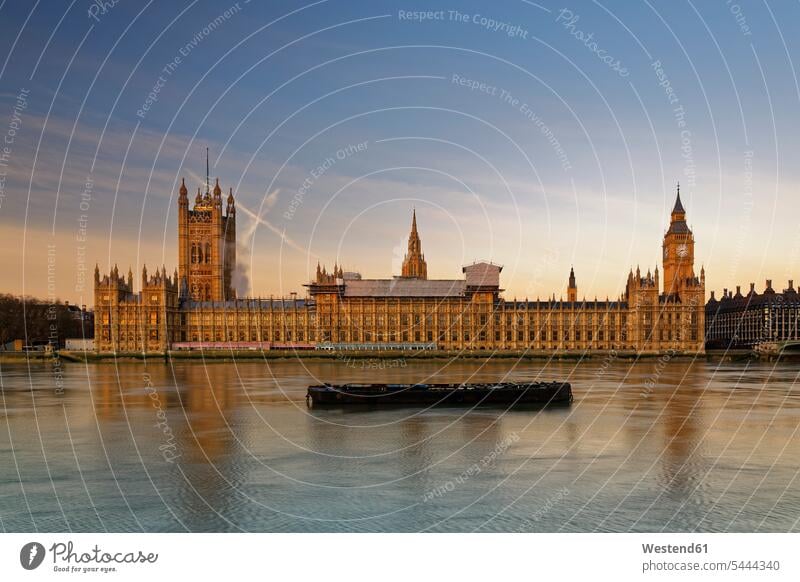 UK, London, River Thames, Big Ben and Houses of Parliament at dusk capital Capital Cities Capital City building buildings outdoors outdoor shots location shot