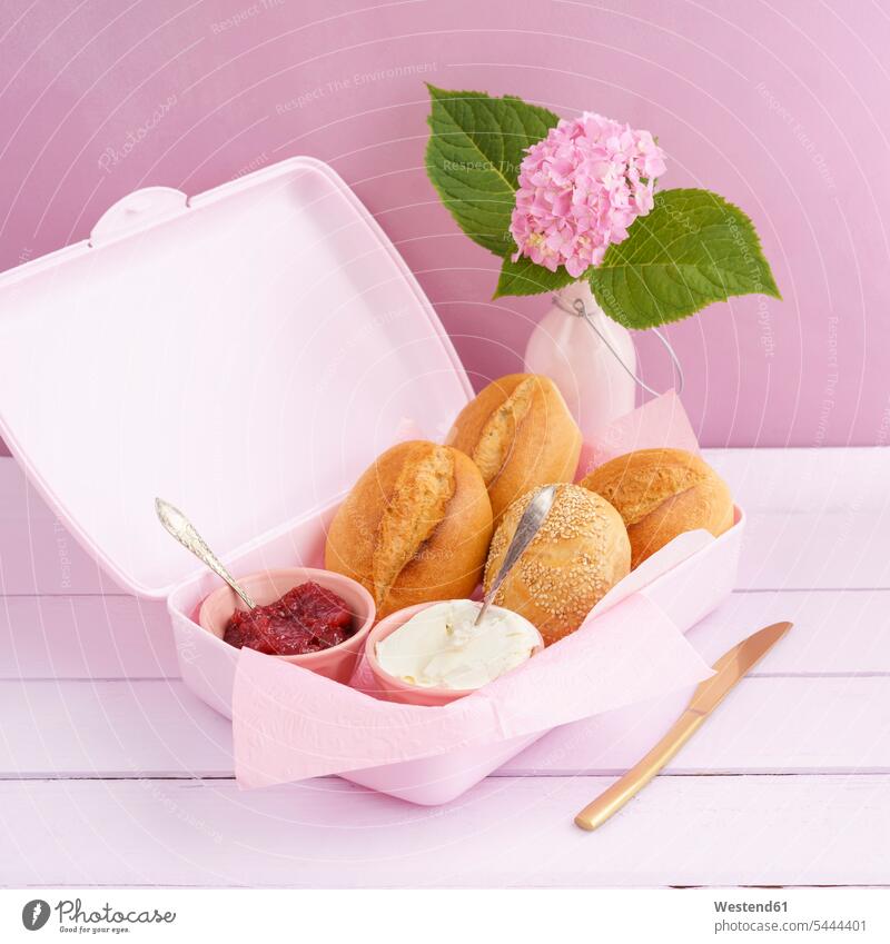 Lunch box with bread rolls, jam and cream cheese food and drink Nutrition Alimentation Food and Drinks Flower Flowers nobody Breakfast knife knives