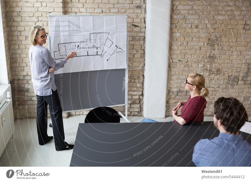 Mature businesswoman explaining floor plan to colleagues consultancy consulting consultation business people businesspeople Blueprint Blueprints Building Plan