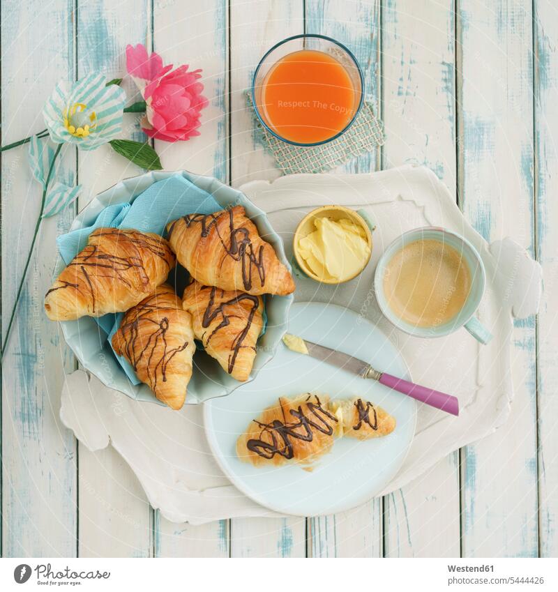 Breakfast with chocolate croissants food and drink Nutrition Alimentation Food and Drinks overhead view from above top view Overhead Overhead Shot