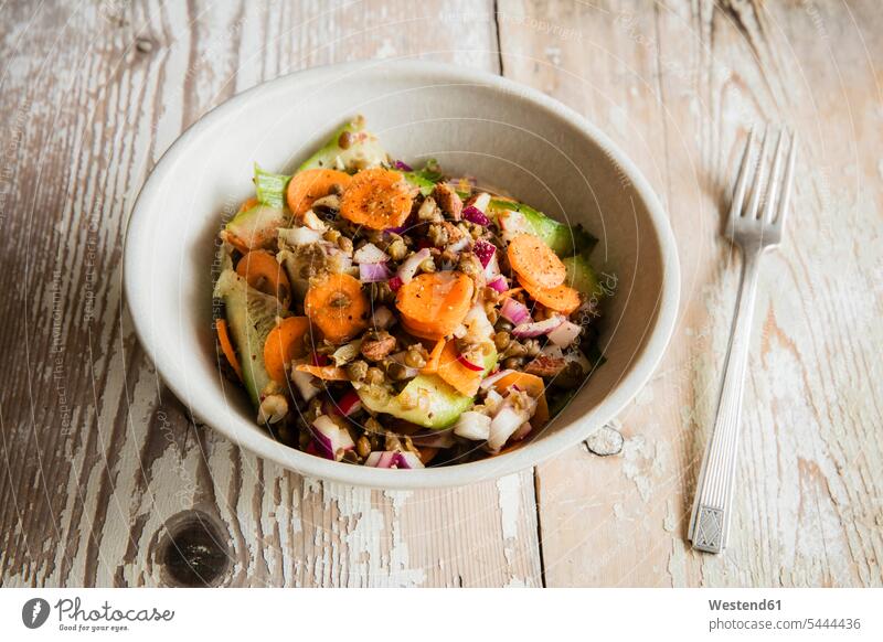 Lentil salad with carrot, cucumber and red radish Bowl Bowls studio shot studio shots studio photograph studio photographs elevated view High Angle View
