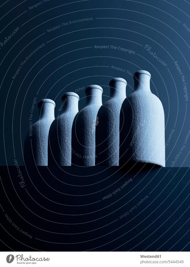 Row of five bottles in front of dark background, 3D-Rendering simplicity Modest simple in a row serial equality arrangement grouping diagonal five objects 5