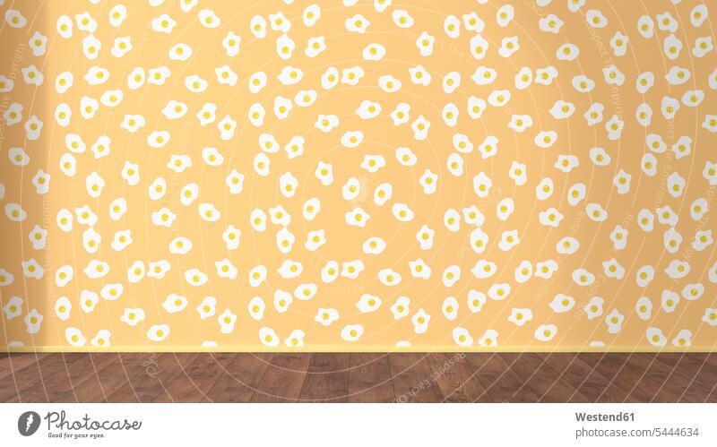 Wallpaper with fried egg pattern and wooden floor, 3D Rendering baseboard toeboard skirt baseboard skirting board Sunny Side Up fried eggs unconventional