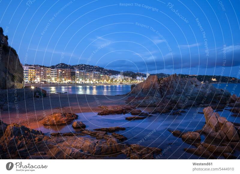 Spain, Catalonia, Lloret de Mar town on Costa Brava, beach and sea shore at night coast coastline coast area Seacoast seaside illumination lighting nature