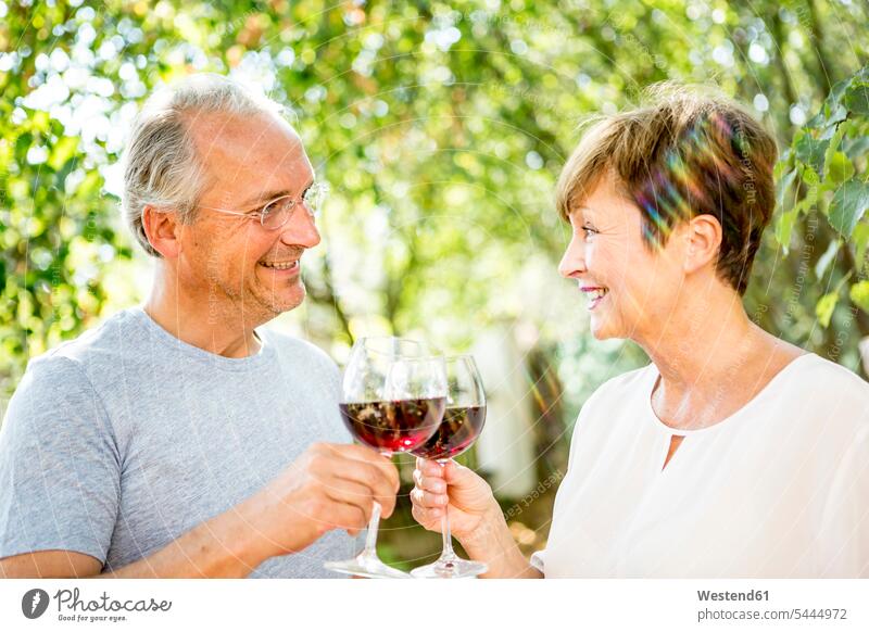 Smiling senior couple clinking red wine glasses outdoors smiling smile twosomes partnership couples Wine people persons human being humans human beings Alcohol