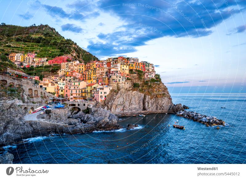 Italy, Liguria, Cinque Terre, Manarola in the evening coast coastline coast area Seacoast seaside residential house Residential Buildings residential home