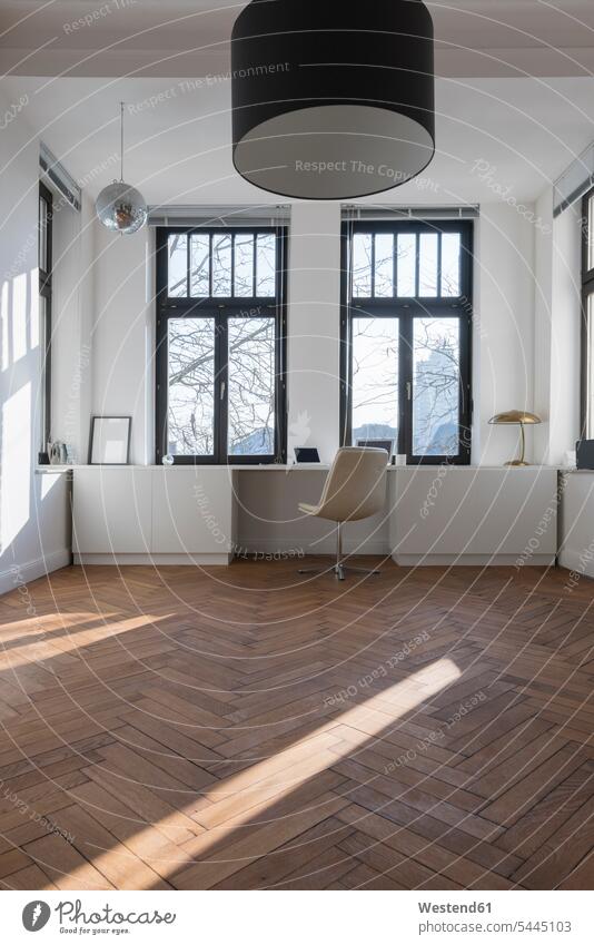 Empty room with chair and large panorama window Lifestyles empty emptiness interior design interior designing chairs interior equipment sunlight Sunlit rooms