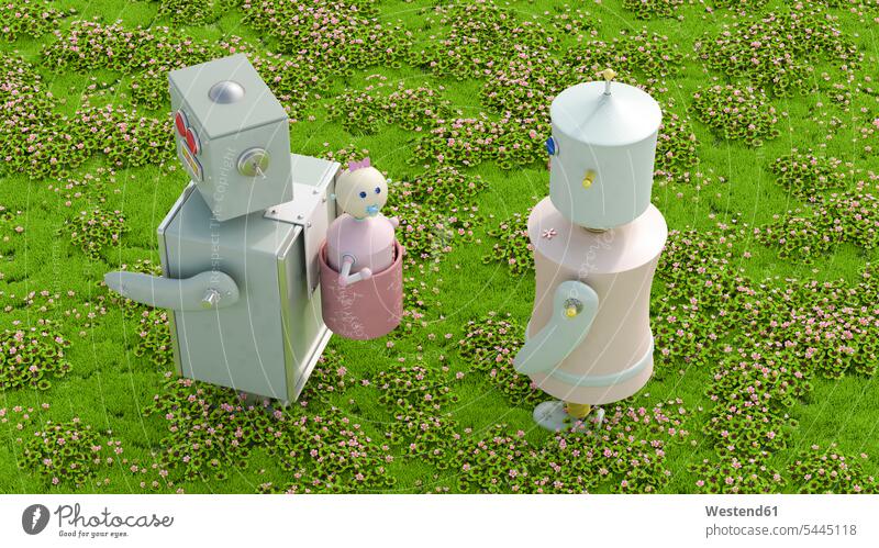 Robot family in meadow, 3d rendering couple twosomes partnership couples symbolical picture Symbolism rural scene Non Urban Scene concept concepts conceptual