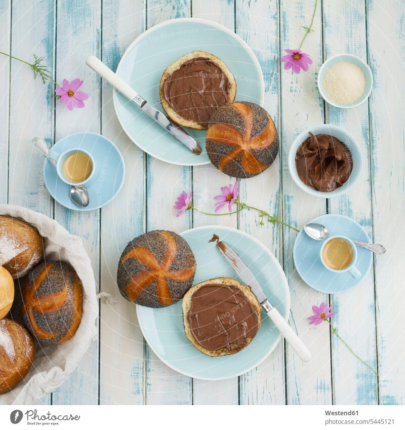 Vegan breakfast with bread rolls and chocolate spread food and drink Nutrition Alimentation Food and Drinks flat lay sweet Sugary sweets knife knives Breakfast