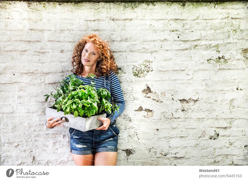 Portrait of young woman with fresh herbs in a box leaning against white brick wall portrait portraits females women Adults grown-ups grownups adult people