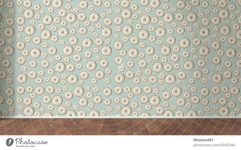 Wallpaper with doughnut pattern and wooden floor, 3D Rendering baseboard toeboard skirt baseboard skirting board donuts Doughnuts unconventional Offbeat