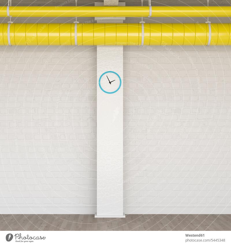 Loft with wall clock and yellow ventilation pipe, 3D Rendering nobody 3D-Rendering Foyer Architecture modern architecture Contemporary Architecture empty