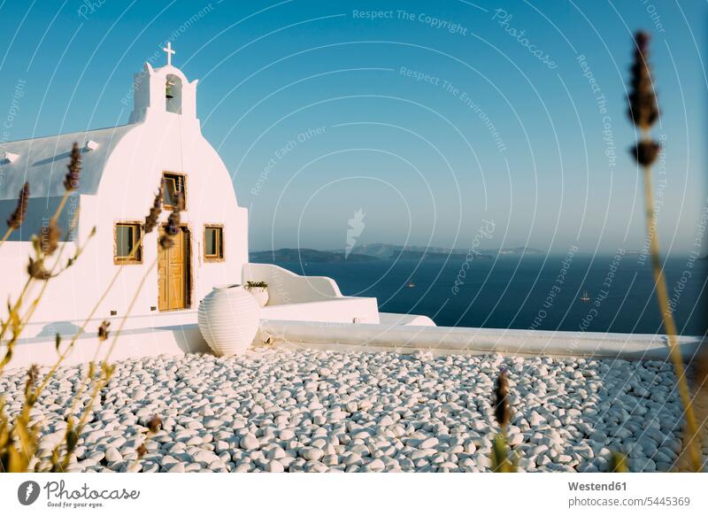 Greece, Santorini, Oia, Byzantine Orthodox church over the sea coast coastline coast area Seacoast seaside tranquility tranquillity Calmness day daylight shot