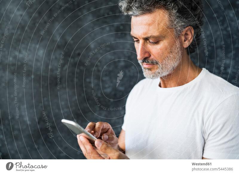 Mature man using smartphone, sending text messages mature men mature man reading text messaging SMS Text Message Smartphone iPhone Smartphones portrait
