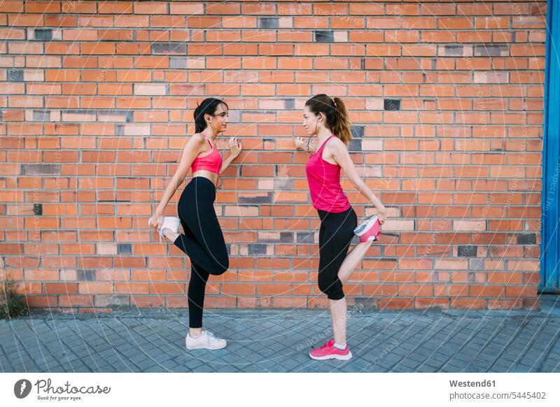 Two active women stretching at a brick wall female friends exercise exercises practising exercising brick walls woman females mate friendship Adults grown-ups