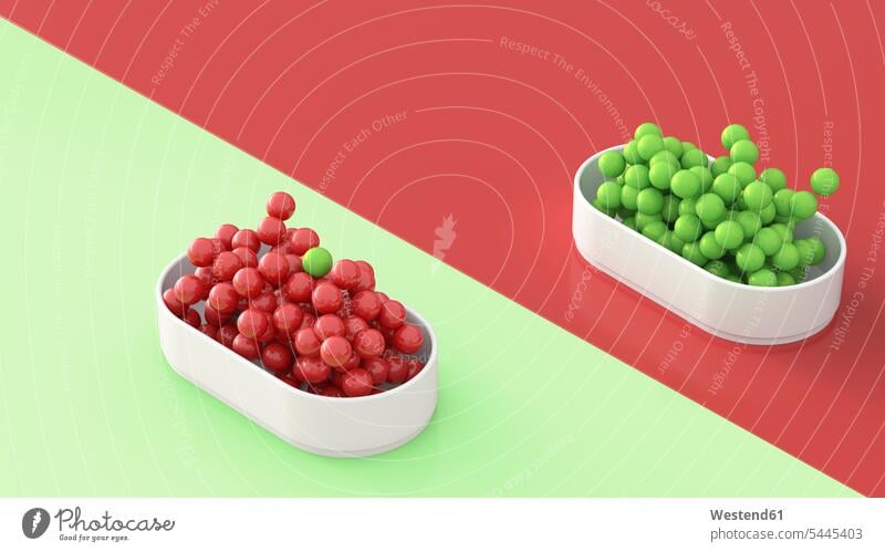 Green and red spheres in bowls, 3D Rendering Bowl Bowls equality likeness alike floating drifting flotation mid-air midair mid air outsider outsiders