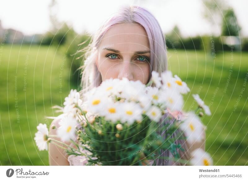Portrait of woman hiding behind bunch of daisies females women portrait portraits Adults grown-ups grownups adult people persons human being humans human beings