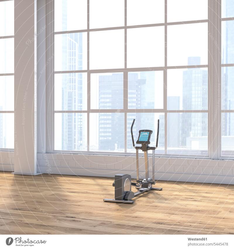 Crosstrainer in a loft with view to skyline, D Rendering luxury luxurious divided light window Elliptical trainer cross trainer elliptical machine floorboard