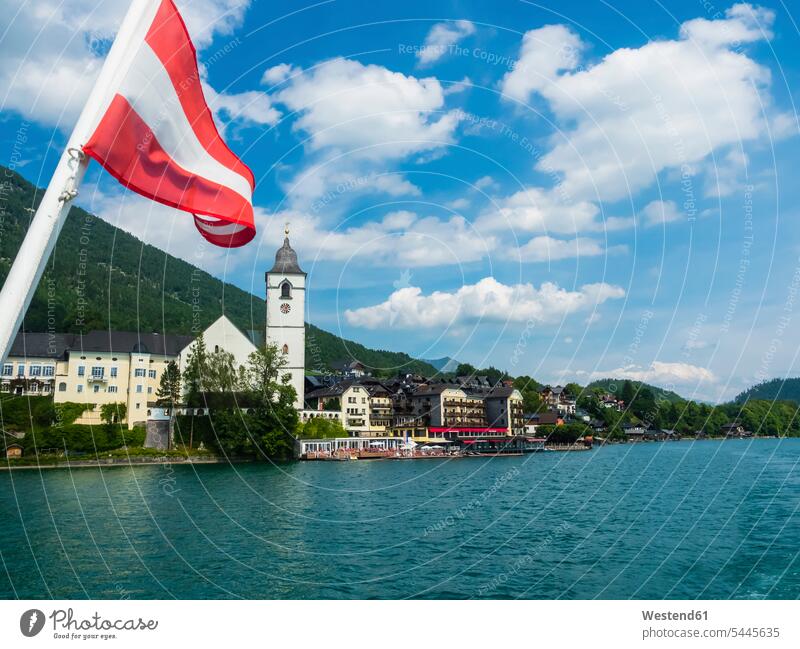 Austria, Salzkammergut, Salzburg State, Lake Wolfgangsee, St. Wolfgang, View of Hotel Weisses Roessl motion Movement moving outdoors outdoor shots location shot