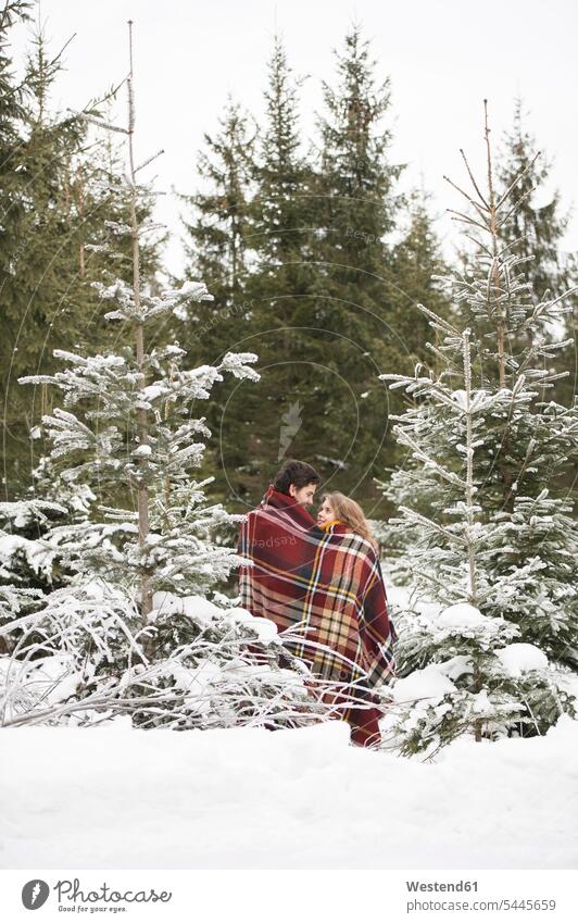 Happy young couple wrapped in blanket standing in winter forest twosomes partnership couples people persons human being humans human beings snow-covered