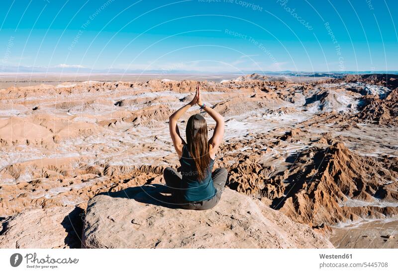 Chile, Atacama Desert, back view of woman practising yoga on a rock females women lotus position Adults grown-ups grownups adult people persons human being