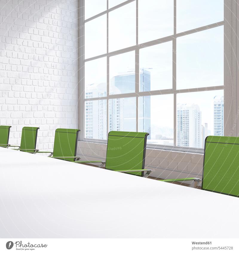 Empty conference room with view at skyscrapers, 3D Rendering nobody business business world business life Idea Ideas office chair office chairs bright green