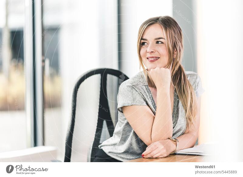Smiling businesswoman at desk in office businesswomen business woman business women desks smiling smile offices office room office rooms business people