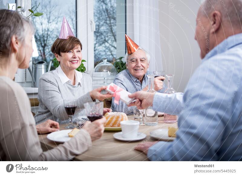 Two senior couples celebrating birthday party, toasting with red wine clinking cheers Red Wine Red Wines drinking celebrate partying Birthday