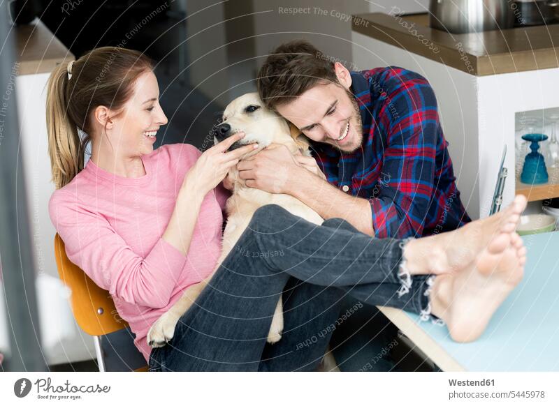 Happy young couple cuddling with dog at home dogs Canine happiness happy snuggle cuddle snuggling twosomes partnership couples pets animal creatures animals