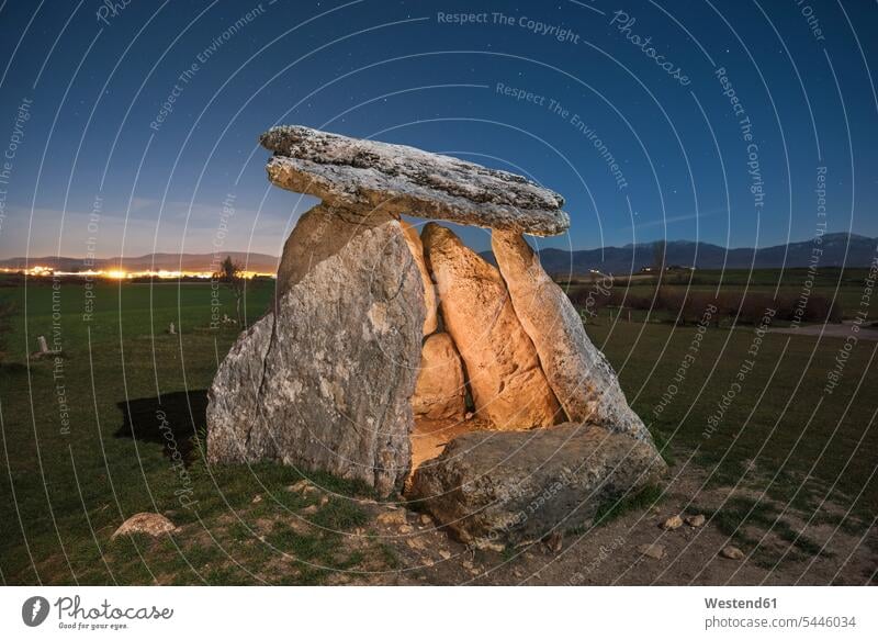 Spain, Alava, Dolmen at starry night cloud clouds old outdoors outdoor shots location shot location shots archeological site site of an excavation