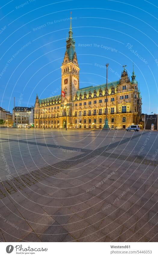 Germany, Hamburg, view to town hall in the evening illuminated lit lighted Illuminating townhall square town hall square Rathausplatz building buildings