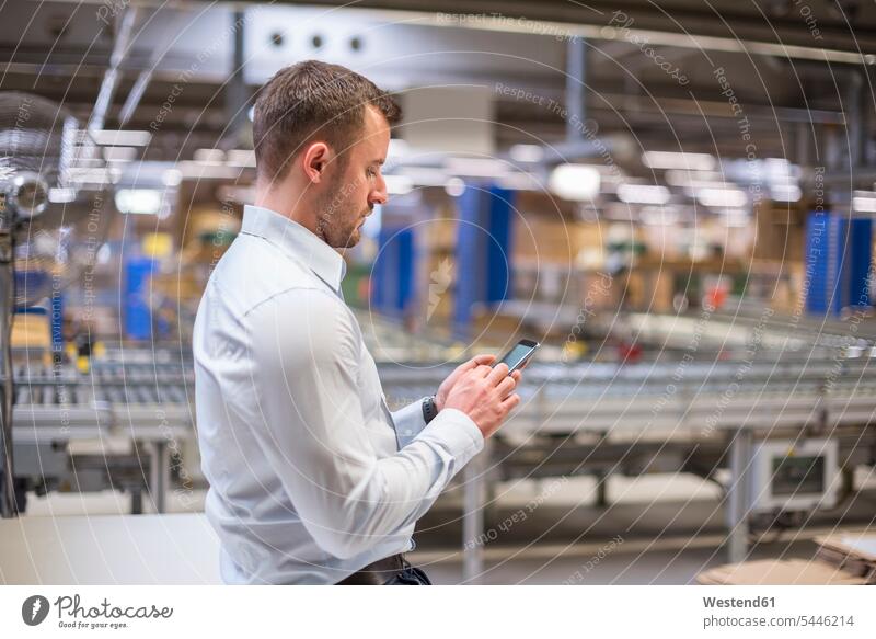 Man in factory looking at cell phone storehouse storage warehouse man men males Businessman Business man Businessmen Business men mobile phone mobiles