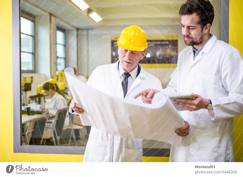 Two engineers in factory looking at plan plans factories colleagues technology technologies engineering industry industrial working At Work occupation