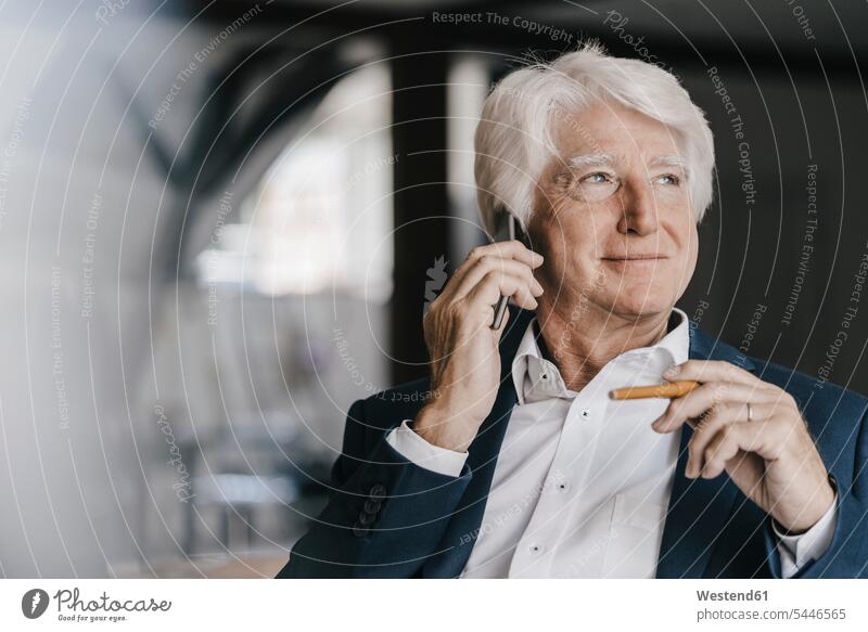 Portrait of relaxed senior businessman on the phone call telephoning On The Telephone calling portrait portraits Businessman Business man Businessmen