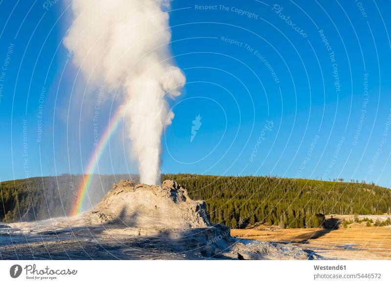 USA, Wyoming, Yellowstone National Park, Upper Geyser Basin, Castle Geyser erupting motion Movement moving steam outdoors outdoor shots location shot