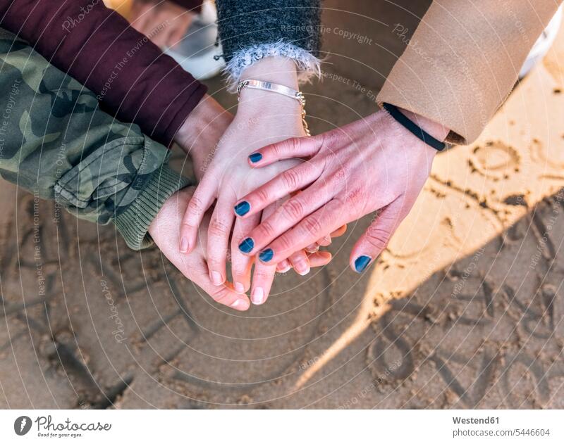 Four friends joining hands on the beach mate female friend human human being human beings humans person persons human hand human hands connect beaches