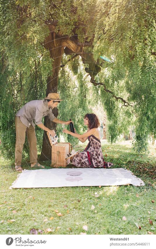 Couple preparing a picnic in a park couple twosomes partnership couples Wine Picnic picnicking parks smiling smile people persons human being humans