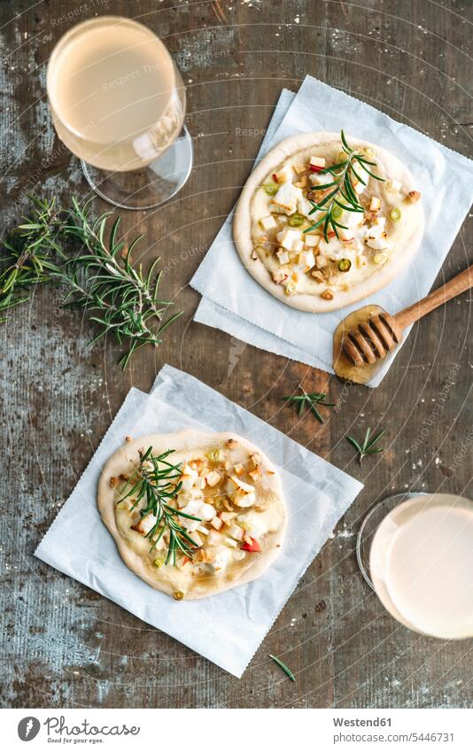 Tarte Flambee with apple, goat cheese, spring onions, rosmary and walnuts and Federweisser food and drink Nutrition Alimentation Food and Drinks rosemary