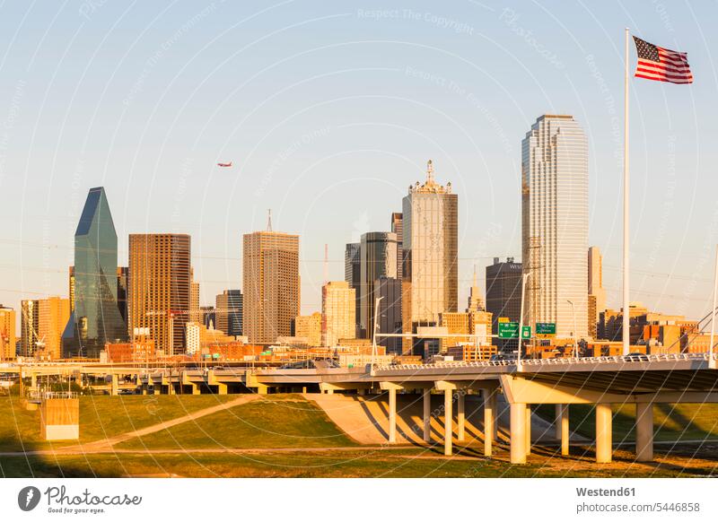 USA, Texas, Dallas skyline cityscape building buildings flag flags banner banners outdoors outdoor shots location shot location shots cities metropolis