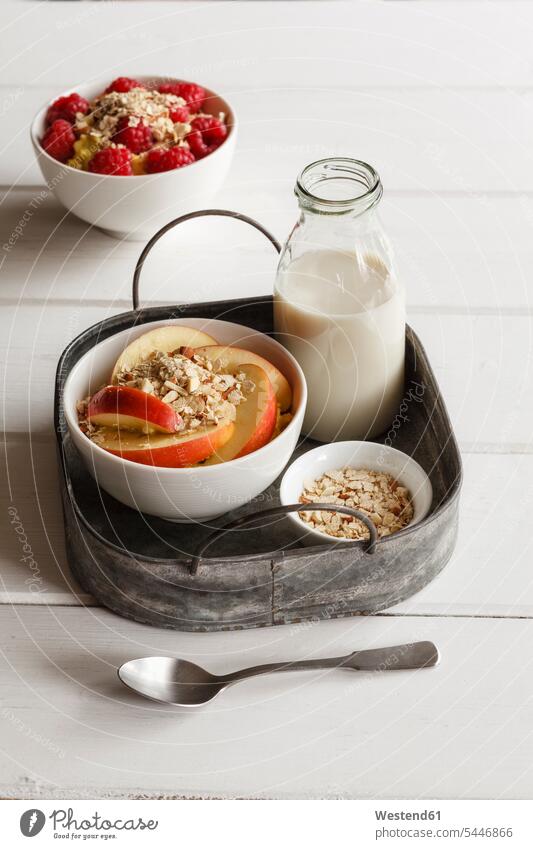 Bowl of porridge with raspberries and bowl of porridge with apples food and drink Nutrition Alimentation Food and Drinks Tray Trays Raspberry Raspberries