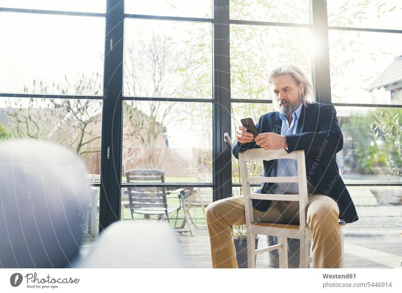 Senior businessman sitting on chair, using smartphone Businessman Business man Businessmen Business men text messaging SMS Text Message use mobile phone mobiles