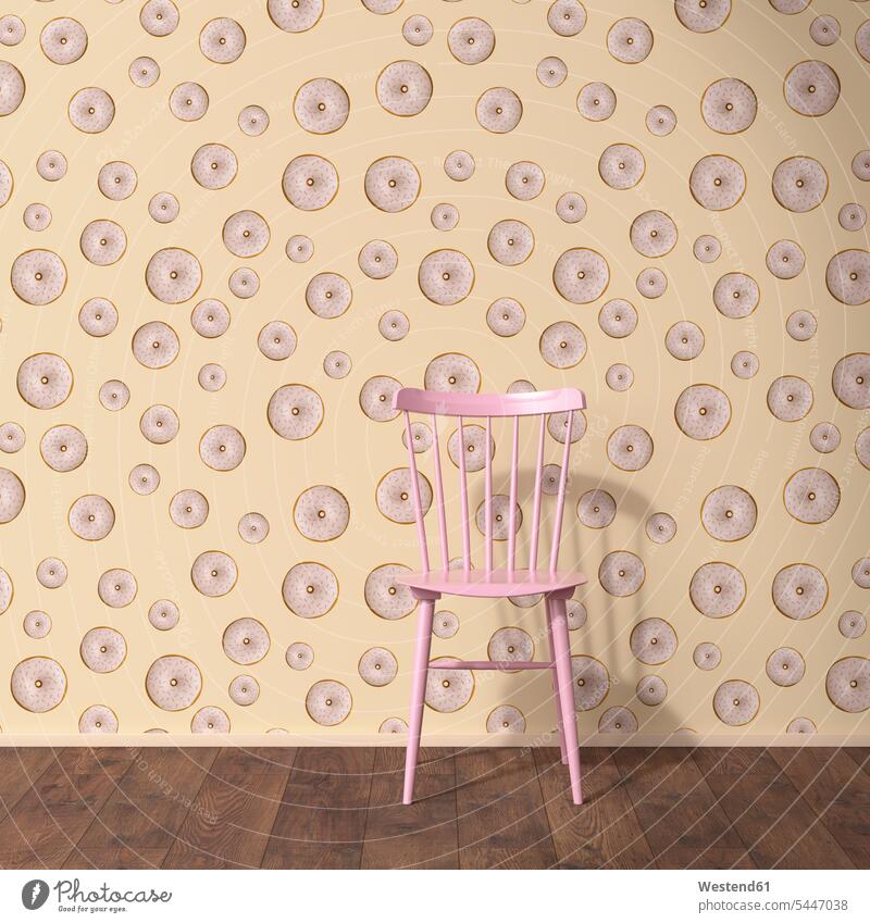 Wallpaper with doughnut pattern, single chair and wooden floor, 3D Rendering patterned Part Of partial view cropped Corridor Corridors Hallways Halls